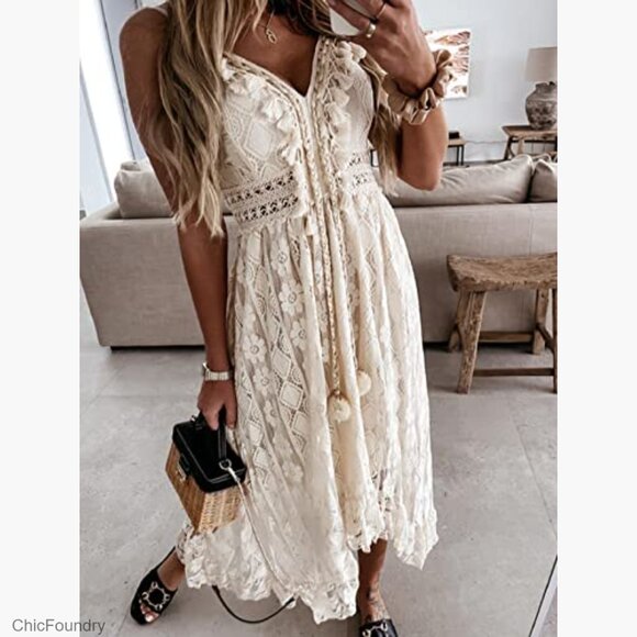 Sleeveless Lace Maxi Dress with Tassel Detail, Adjustable Straps, Smocked Back - Picture 5 of 7